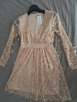 Vestido corto lentejuelas beige y dorado