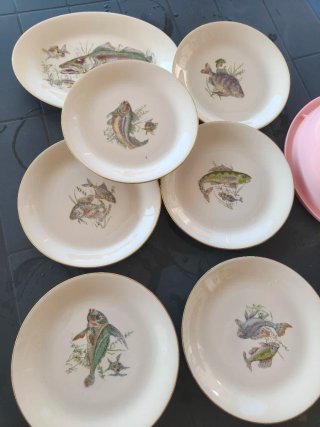 Raro set piatti vintage porcellana pesci