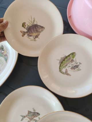 Raro set piatti vintage porcellana pesci