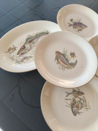 Raro set piatti vintage porcellana pesci