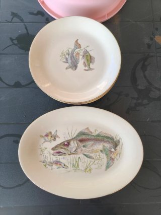 Raro set piatti vintage porcellana pesci