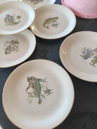 Raro set piatti vintage porcellana pesci