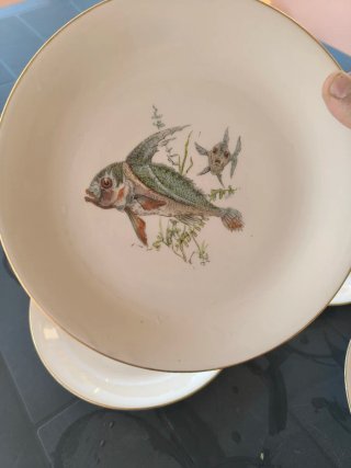 Raro set piatti vintage porcellana pesci
