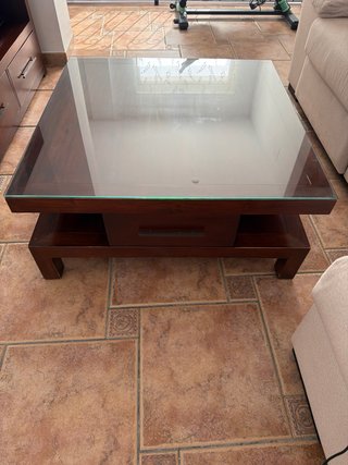 Mesa baja madera con cristal y cajón