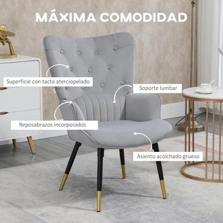 Sillón Terciopelo Moderno Gris Claro Respaldo Alto