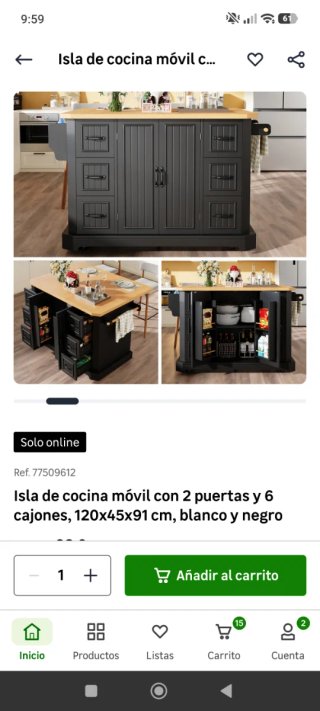 Isla de cocina móvil con 2 puertas y 6 cajones
