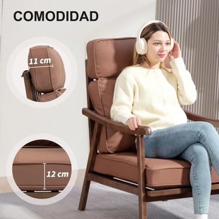 Sillón Salón Tapizado PU Marrón con Madera Nogal