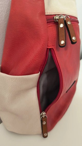 Mochila Mujer Bolsillo Antirobo Beige y Rojo