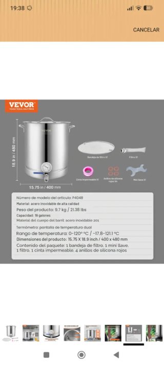 Fermentador Cerveza VEVOR 60,6L Acero Inox