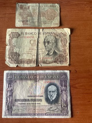 3 Billetes Antiguos: 100, 50 y 1 Peseta, 4€ los 3.