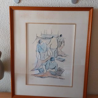 Cuadro decorativo pescadores acuarela