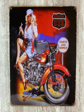 (58) Cartel Metálico Made in USA Pin-up Moto
