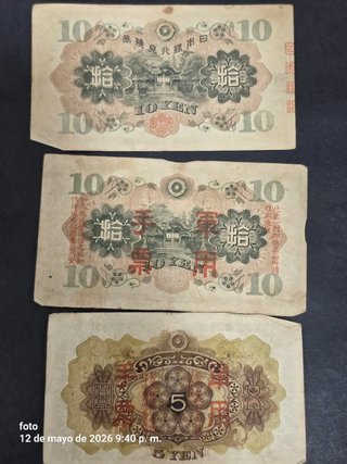 Lote 3 Billetes Japoneses 10 y 5 Yenes