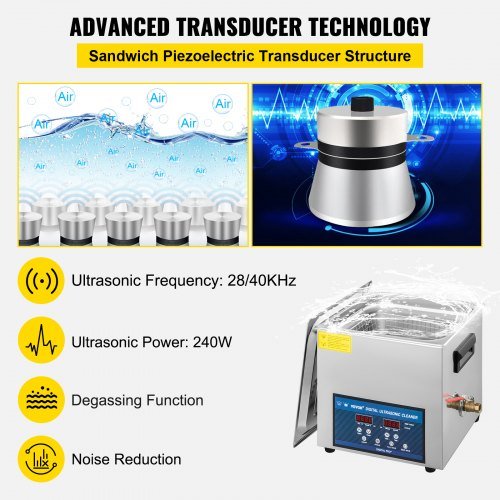 Limpiador Ultrasonido de 10L Máquina de Limpieza Ultrasonido de Doble Frecuencia con Calentador Limpiador de Joyas para Piezas Joyas Gafas Anillo Dentadura Registro Placa de Circuito 28/40KHz
