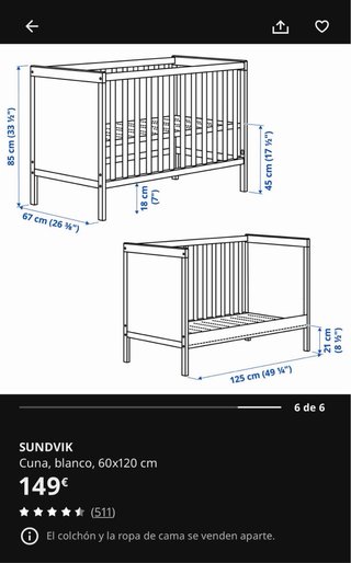 Cuna SUNDVIK blanca 60x120 cm