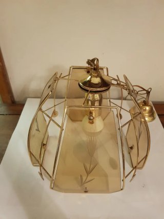 Lampadario ottone anni '70 vetro serigrafato