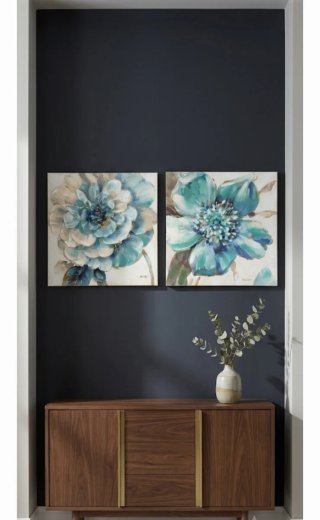 Conjunto 2 Cuadros Florales Azul y Dorado