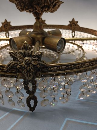 Lámpara de techo, redonda, 4 focos, mid century, bronce, lagrimas de cristal