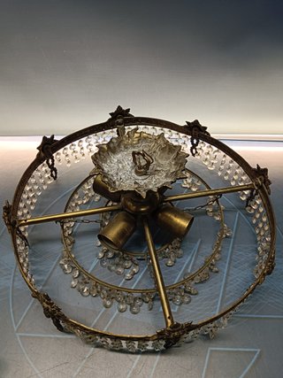 Lámpara de techo, redonda, 4 focos, mid century, bronce, lagrimas de cristal
