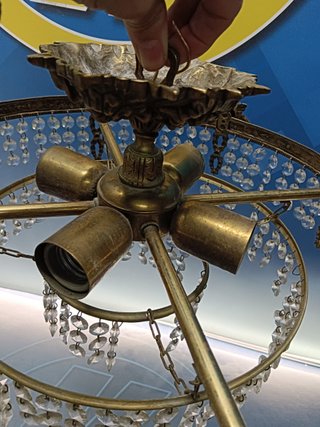 Lámpara de techo, redonda, 4 focos, mid century, bronce, lagrimas de cristal