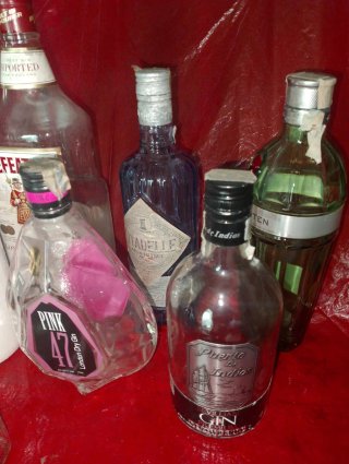 Collezione di bottiglie vuote di gin