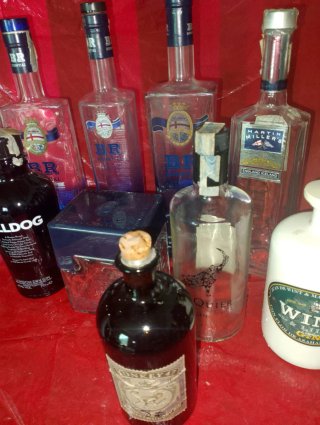 Collezione di bottiglie vuote di gin
