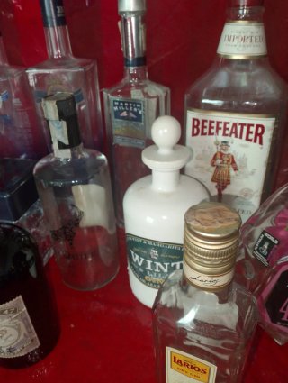 Collezione di bottiglie vuote di gin