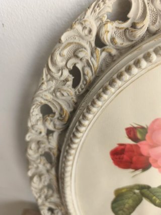Antiguo Cuadro Vintage Ovalado Flor Rosa