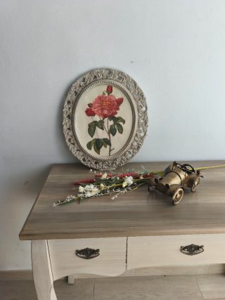 Antiguo Cuadro Vintage Ovalado Flor Rosa