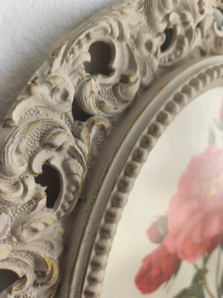 Antiguo Cuadro Vintage Ovalado Flor Rosa