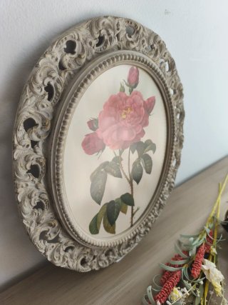 Antiguo Cuadro Vintage Ovalado Flor Rosa