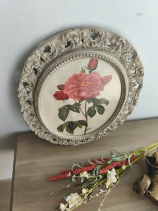 Antiguo Cuadro Vintage Ovalado Flor Rosa