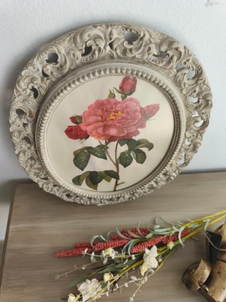 Antiguo Cuadro Vintage Ovalado Flor Rosa