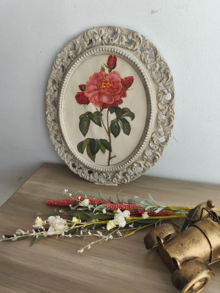 Antiguo Cuadro Vintage Ovalado Flor Rosa