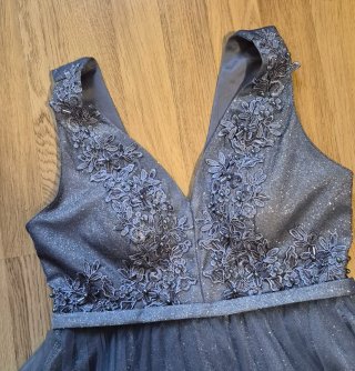 Vestido de fiesta azul plateado midi