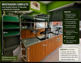 Mostrador, estanterías, báscula y mueble.