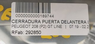 CERRADURA PUERTA DELANTERA IZQUIERDA PEUGEOT 208 (P2) GT LINE