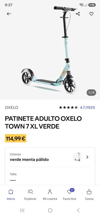 Patinete adulto OXELO TOWN 7 XL Verde