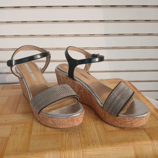 Sandalias Cuña T38 Negro/Plata Plantilla de piel