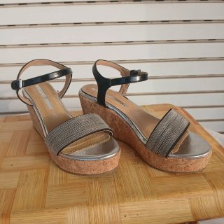 Sandalias Cuña T38 Negro/Plata Plantilla de piel