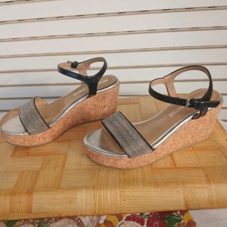 Sandalias Cuña T38 Negro/Plata Plantilla de piel
