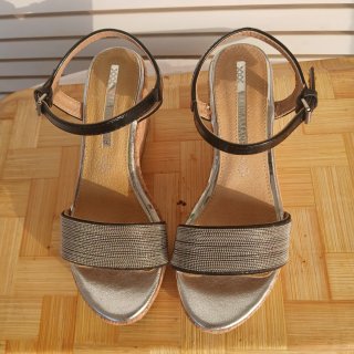 Sandalias Cuña T38 Negro/Plata Plantilla de piel