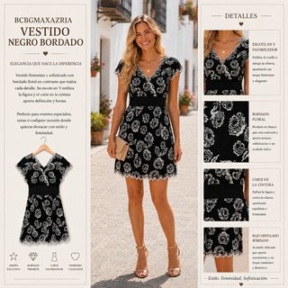 Nuevo Vestido negro con bordado floral T. S