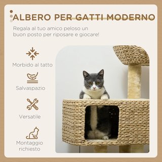 Rascador para Gatos con Casita, Plataforma y Pelota de Juguete, Árbol para Gatos de Madera, Poliéster, Sisal y Algodón PP, 60X40X98 Cm, Marrón y Beige