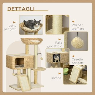 Rascador para Gatos con Casita, Plataforma y Pelota de Juguete, Árbol para Gatos de Madera, Poliéster, Sisal y Algodón PP, 60X40X98 Cm, Marrón y Beige