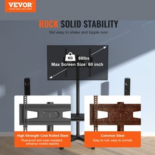 Soporte de TV Móvil, Carro de TV Móvil para TVs de 23 a 60 pulgadas, Soporte de TV Portátil Ajustable en Altura con Ruedas, con una Bandeja para Dispositivos Audiovisuales, Soporte de TV Rodante c...