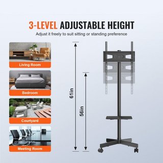 Soporte de TV Móvil, Carro de TV Móvil para TVs de 23 a 60 pulgadas, Soporte de TV Portátil Ajustable en Altura con Ruedas, con una Bandeja para Dispositivos Audiovisuales, Soporte de TV Rodante c...