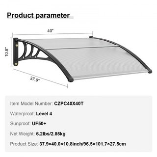 Toldo para Ventana y Puerta 101.6 x 101.6 cm, Policarbonato UPF 50+ Toldo Exterior para Puerta de Entrada, Toldo de Salida Frontal para Protección Solar, UV, Lluvia, Nieve, Hoja Hueca