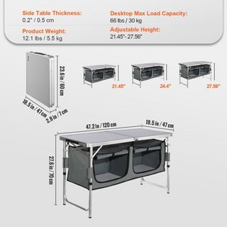 Mesa de Cocina para Camping Plegable Estación de Cocción Portátil 3 Alturas Ajustables