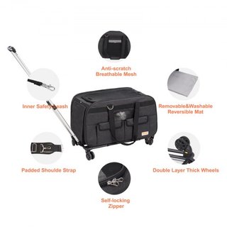 Transportín para Gatos con Ruedas, Transportín para Mascotas Rodante con Mango Telescópico y Correa de Hombro, Transportín para Perros con Ruedas para Mascotas de hasta 15.9 kg, con 1 Cuenco Plega...